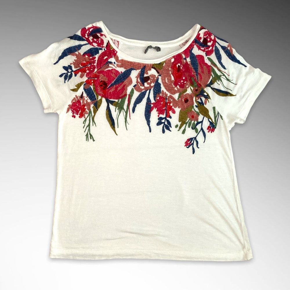 Anthropologie Rosamund Floral Embroidered White Crewneck Top, Small